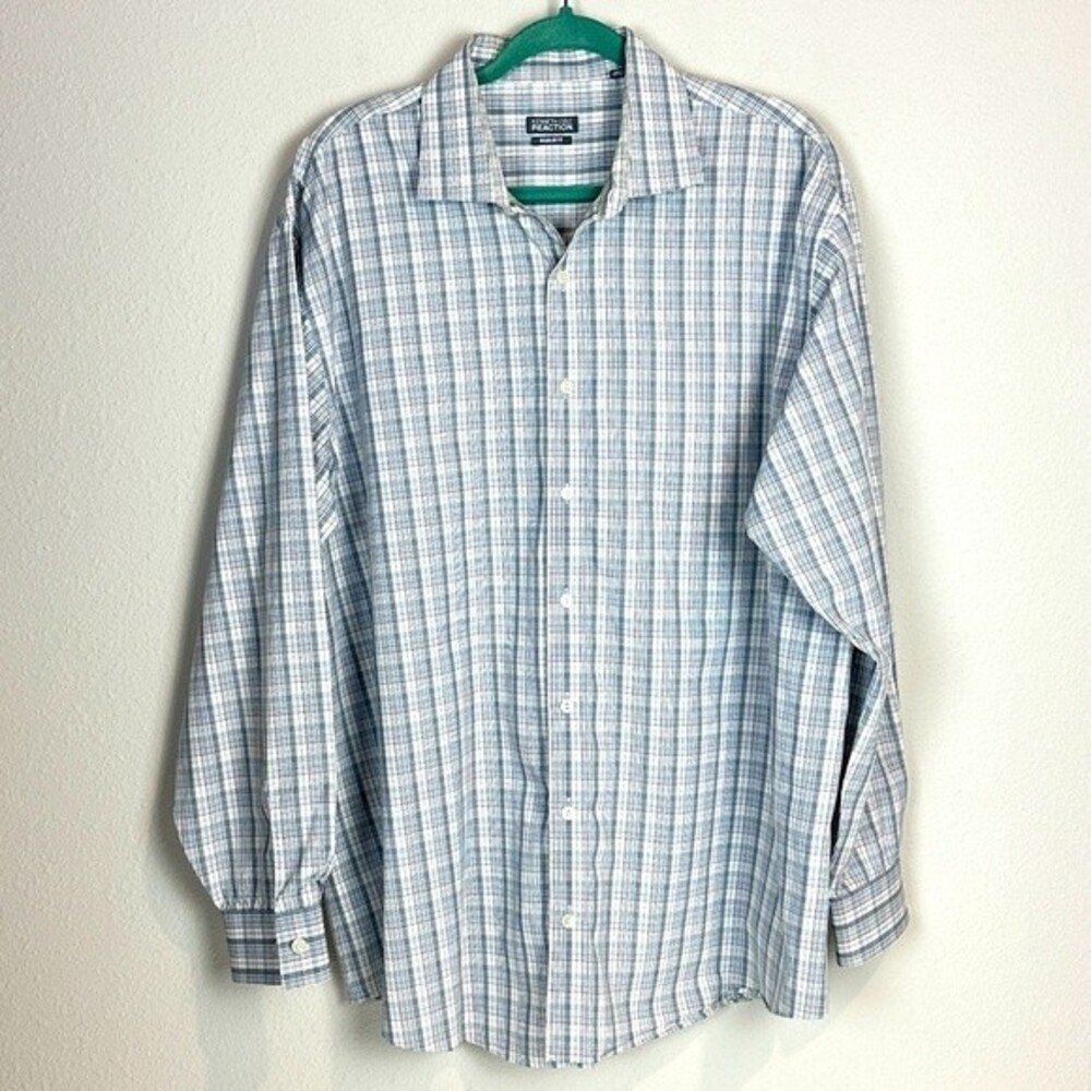 Kenneth Cole Reaction Grey Plaid Button Up Shirt 18 34/35